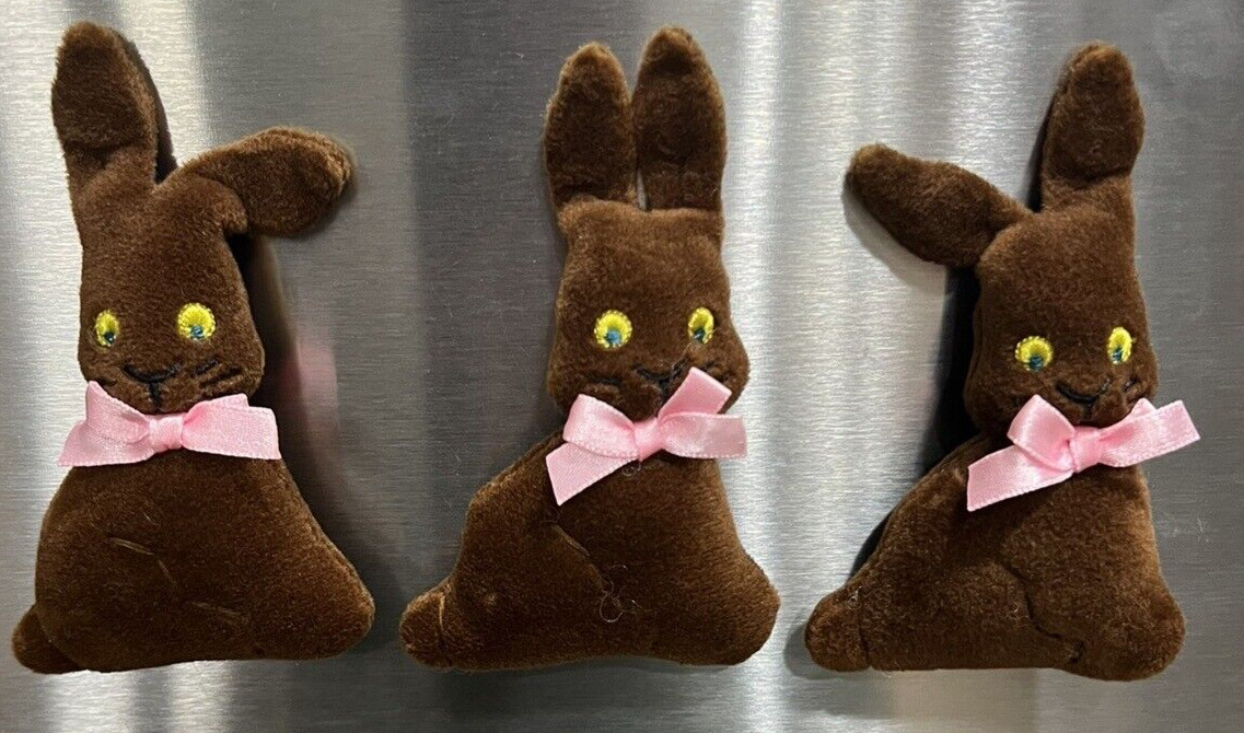3 VTG Easter Bunny Rabbit Plush Fridge Magnets w/Pink Bows & Magnetic Ears RARE