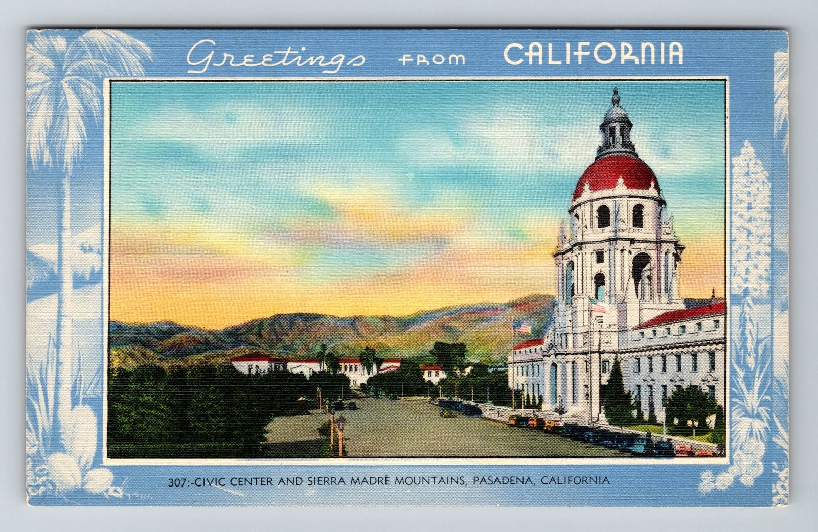 Pasadena CA-California Civic Center Mountains Scenic Greetings Vintage Postcard
