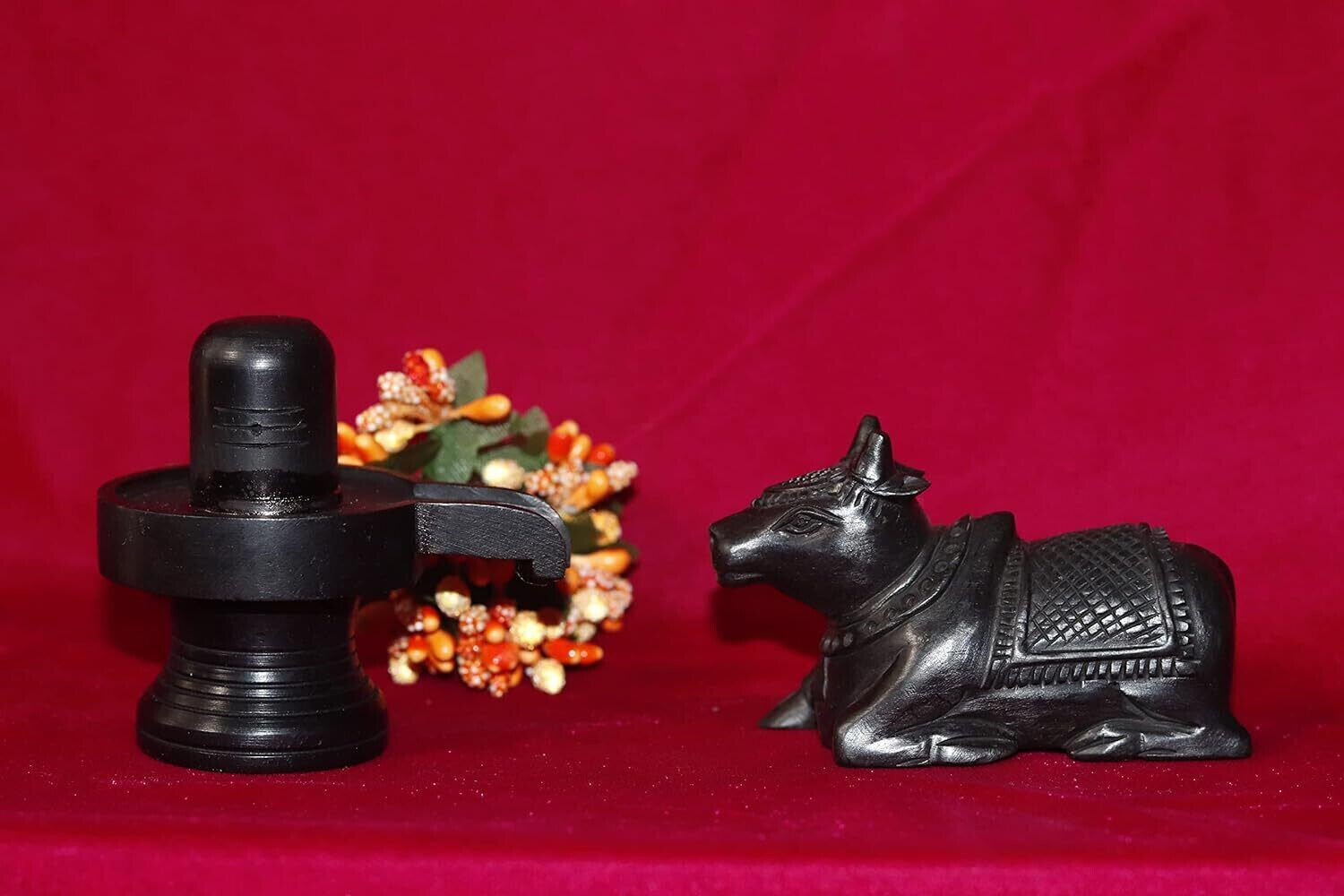 Handmade Orignal Black Ebony Wood Shiva Lingam with Nandi Statue, Karungali Kat