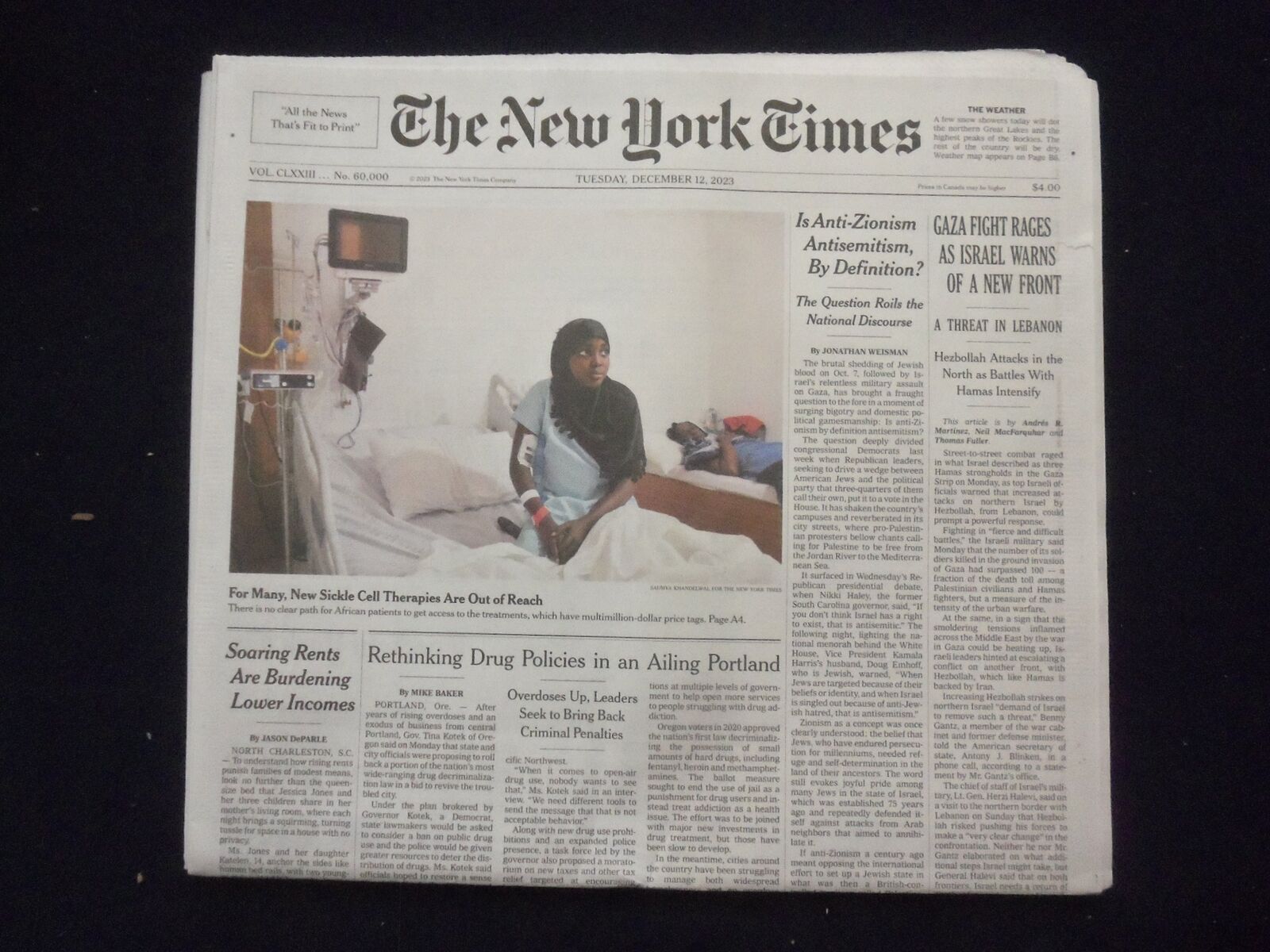 2023 DECEMBER 12 NEW YORK TIMES -GAZA FIGHT RAGES AS ISRAEL WARNS OF A NEW FRONT