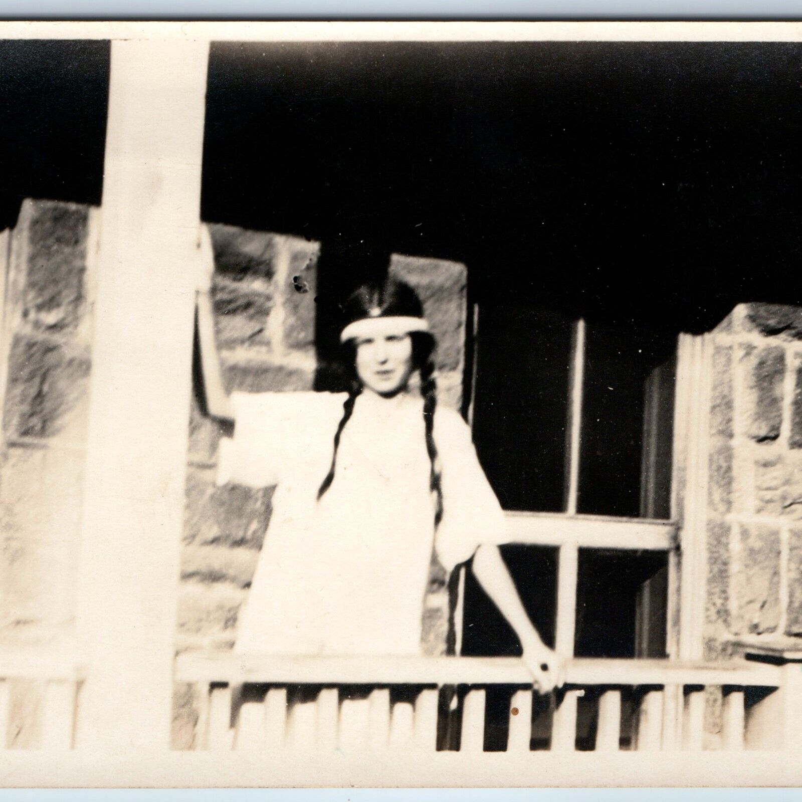 c1910s Cute Young Lady RPPC +Indian Headband Pigtail Girl House Porch Photo A213