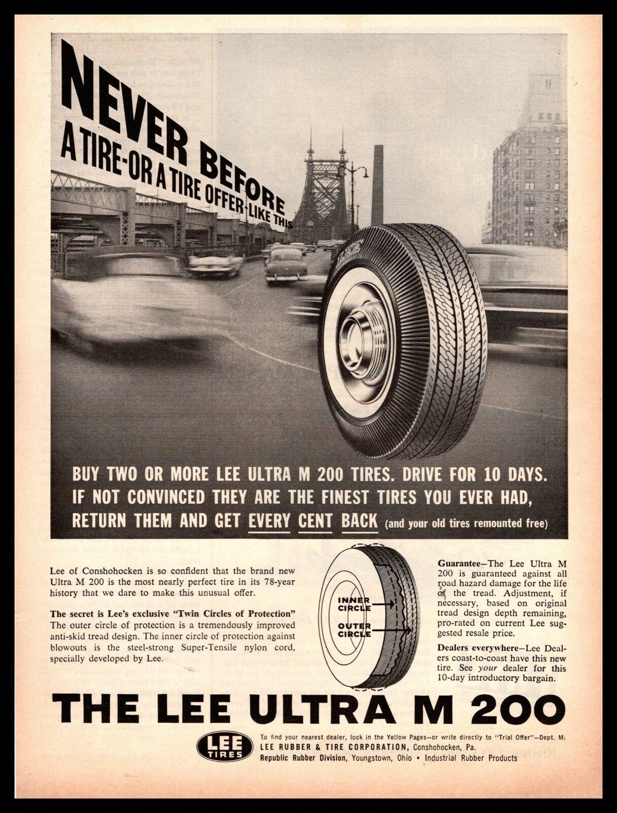 1961 Lee Rubber & Tire Corp. Conshohocken PA Utra M 200 Tires Vintage Print Ad