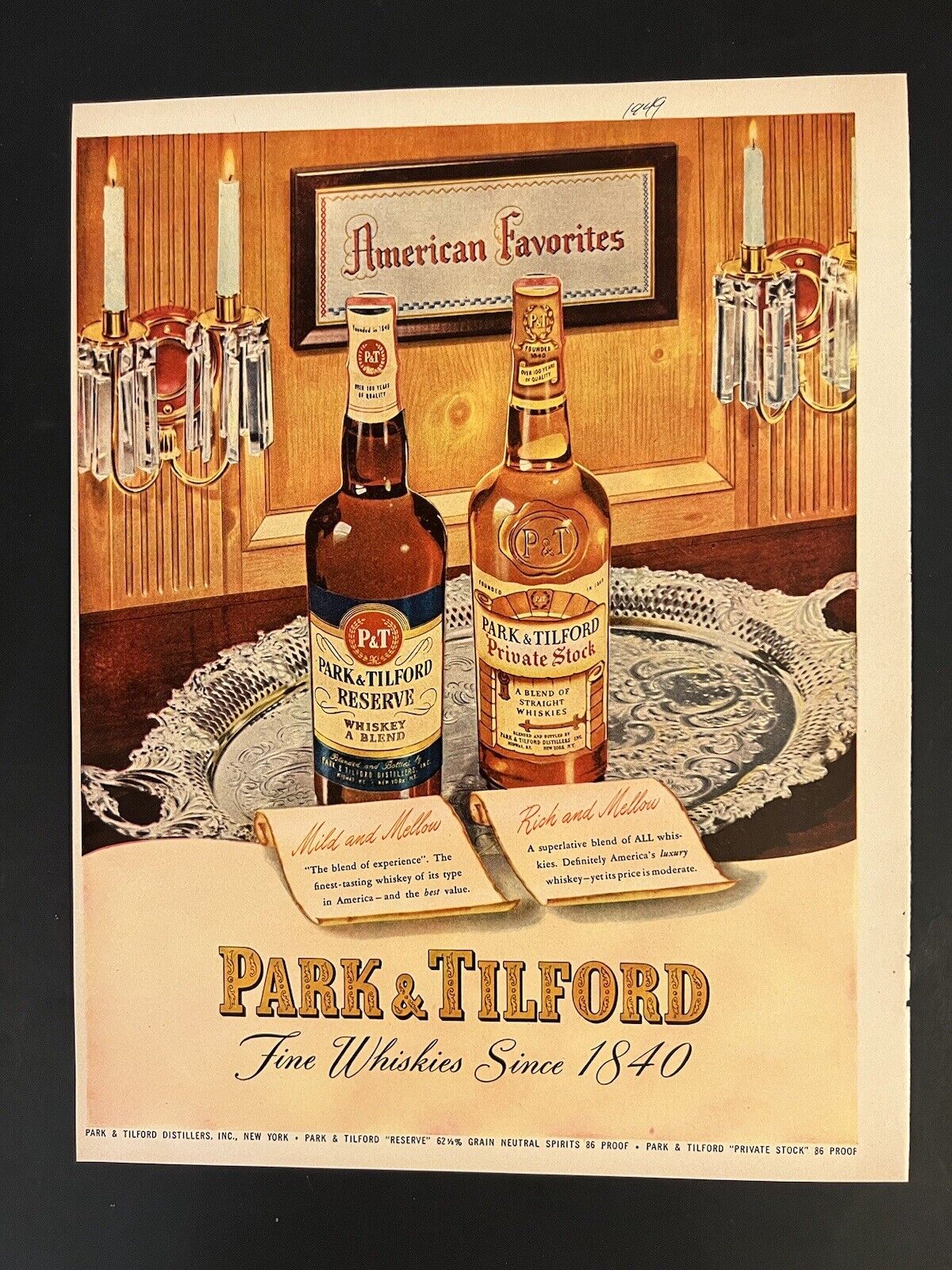 Park & Tilford VTG 1949 Print Add 10x13 Whiskey Liquor Man Cave