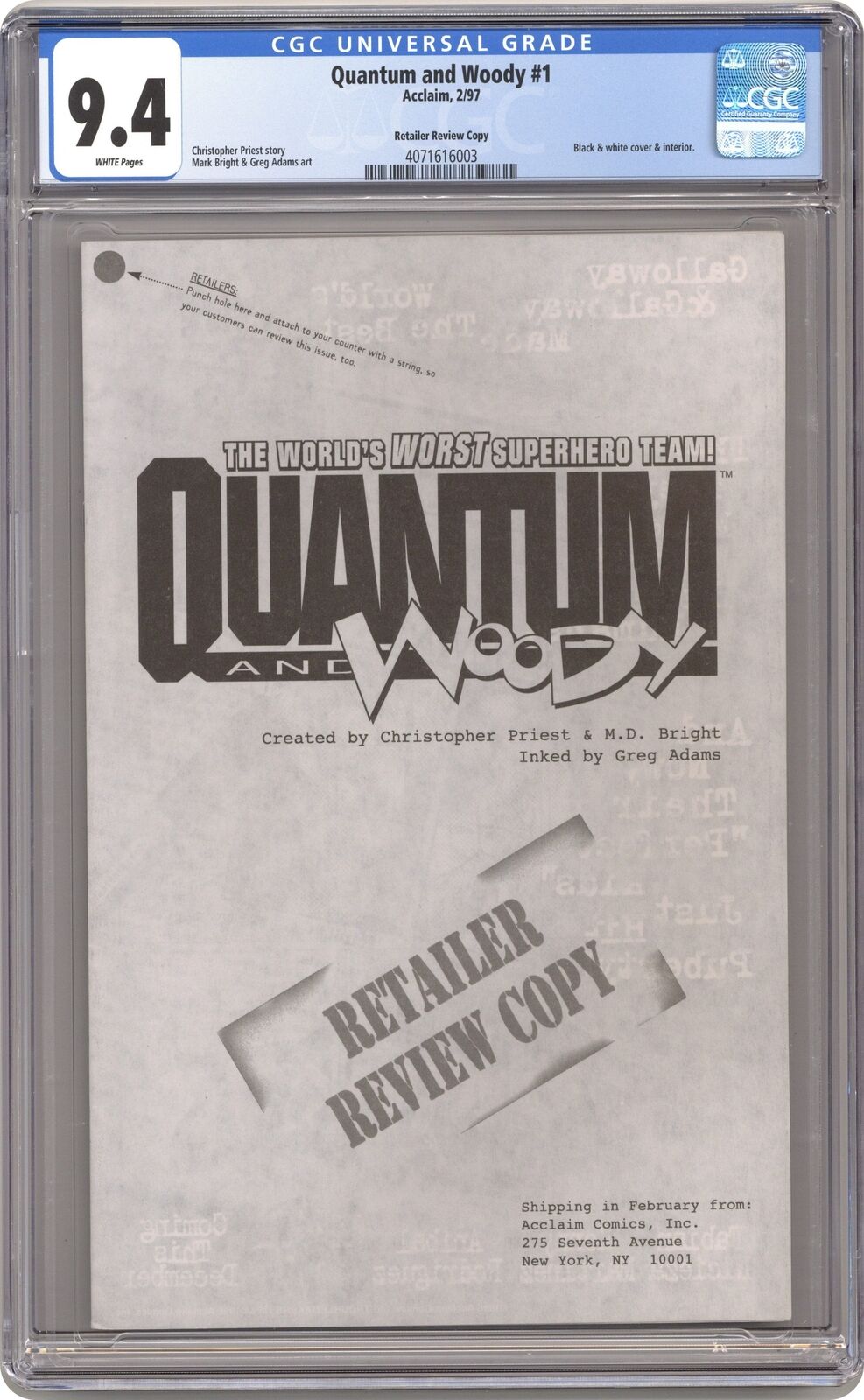 Quantum and Woody 1R Retailer Review Variant CGC 9.4 1997 4071616003
