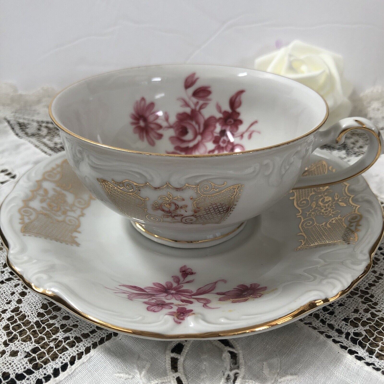 Vintage Royal Castle Bone China Cup and Saucer, Made In Germany Rose w/Gold Trim