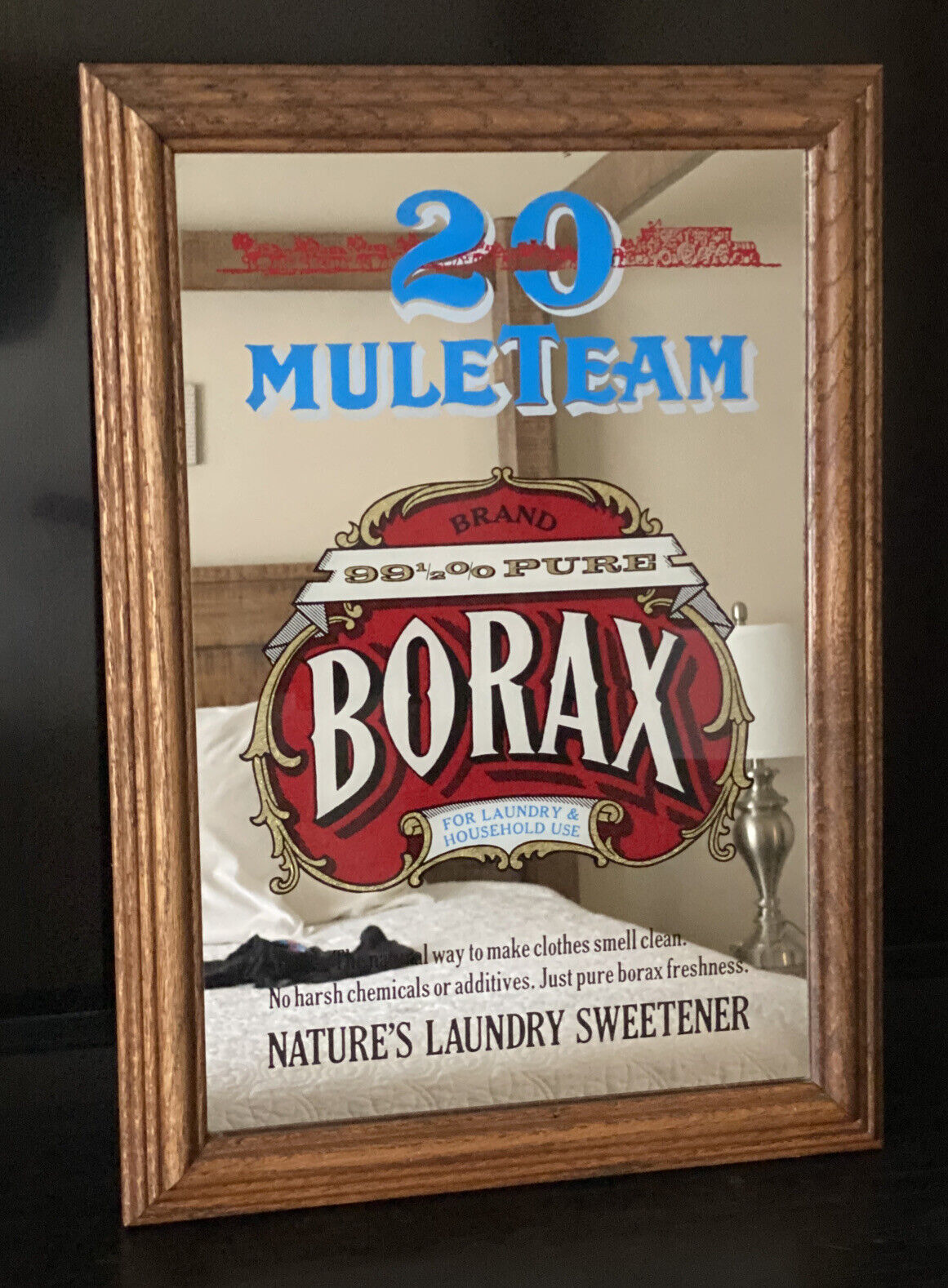 Original Borax 99 1/2 % Pure 20 Mule Team Mirror 21” x 15” Framed Soap Theme
