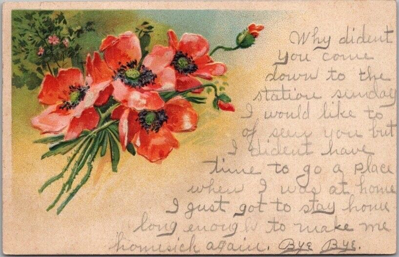 Vintage Embossed Greetings Postcard Orange Flowers / PFB #6096 / 1908 Cancel