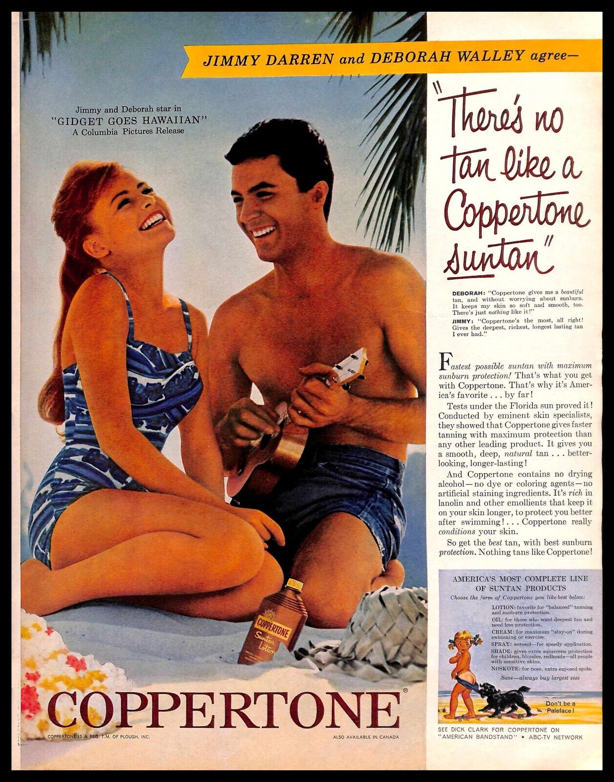 1961 Coppertone Suntan Lotion Vintage PRINT AD Beach Jimmy Darren Deborah Walley