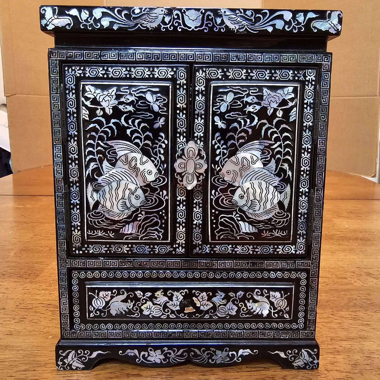 Vintage Oriental Black Lacquer Jewelry Box With Drawers & Mother of Pearl Inlay