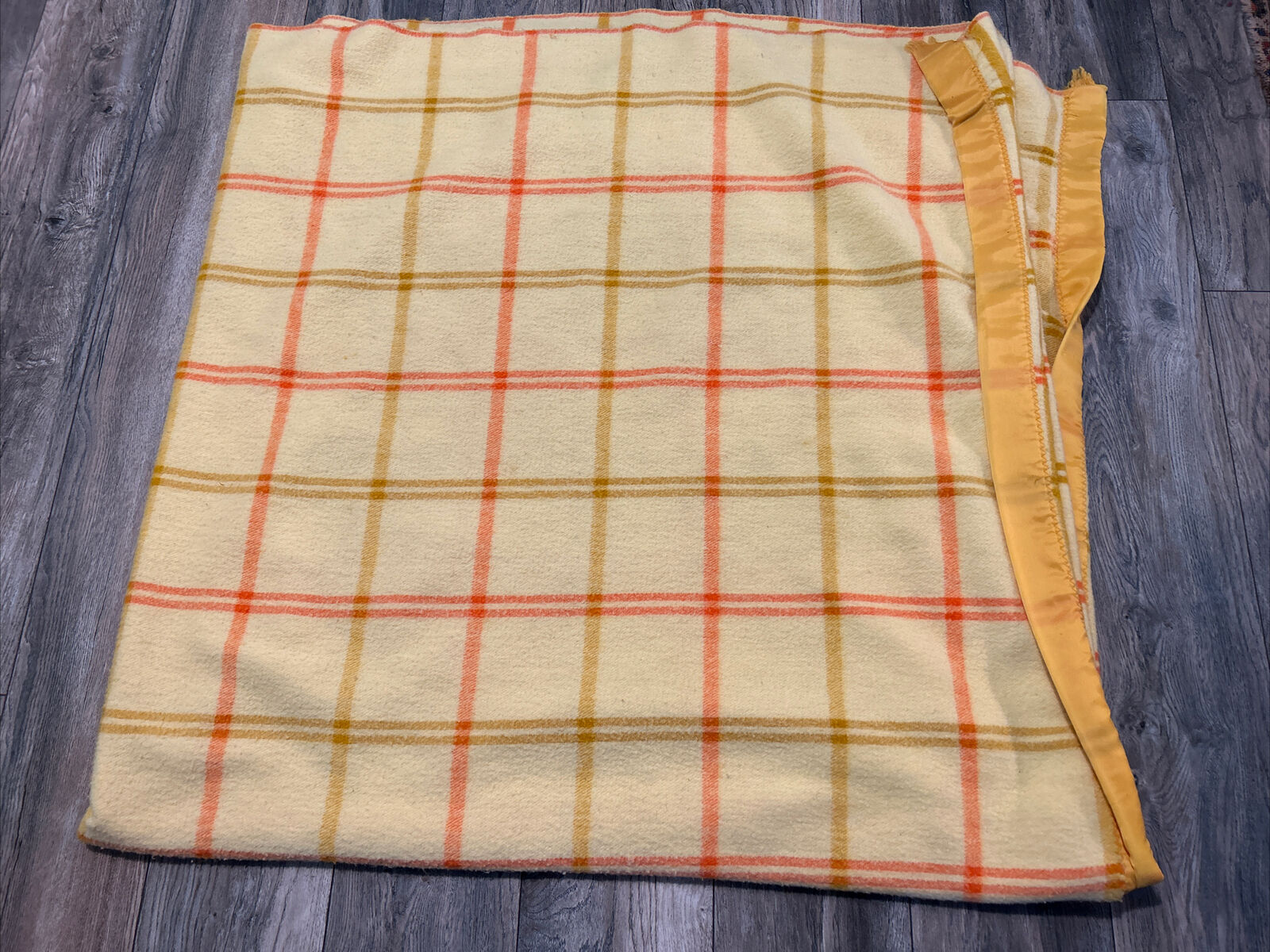 Vintage 70's JC Penney Plaid Blanket Yellow Orange 88 x 76 Satin Trim