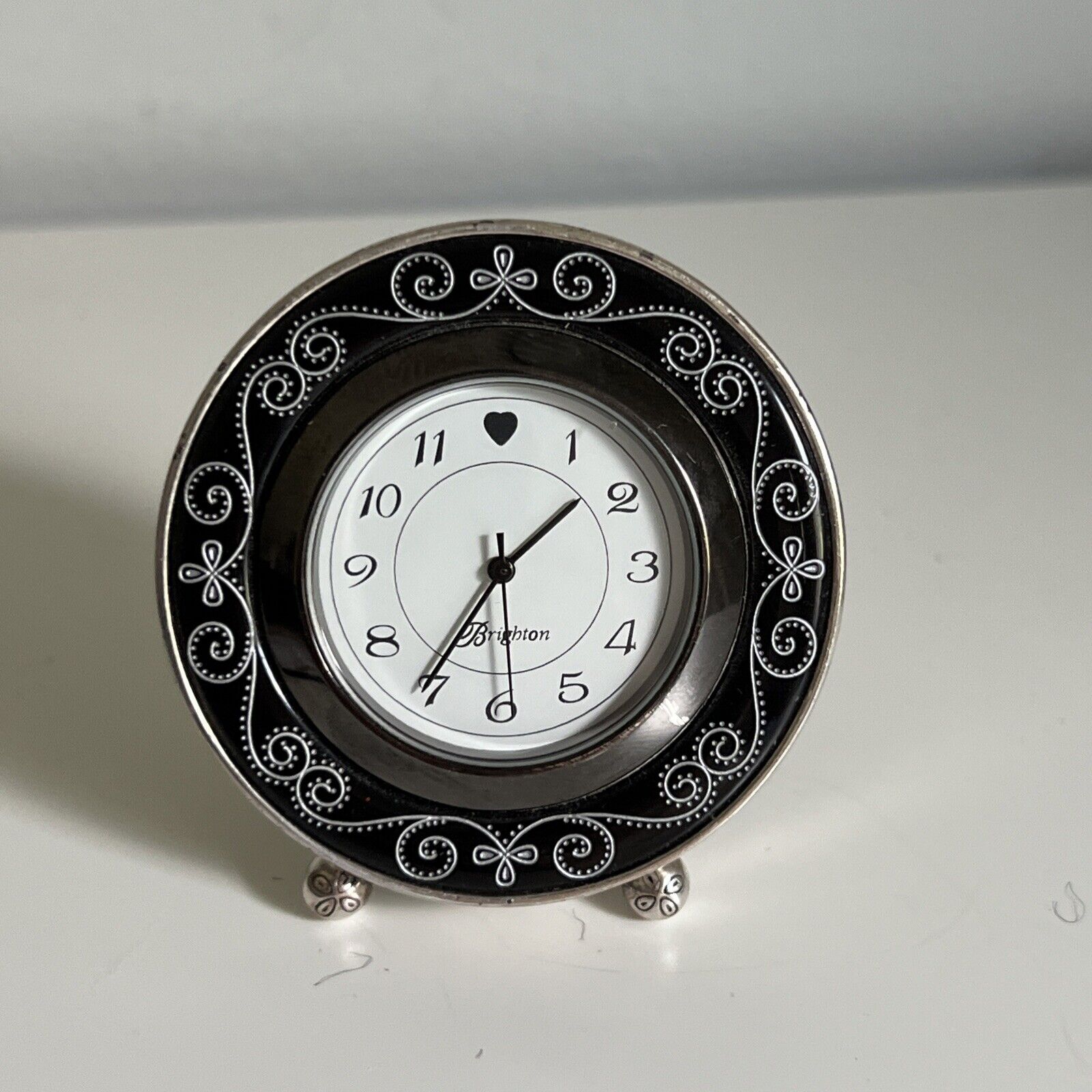 Brighton Scroll Mini Desk Clock Works Black Silver Metal Round Small Travel