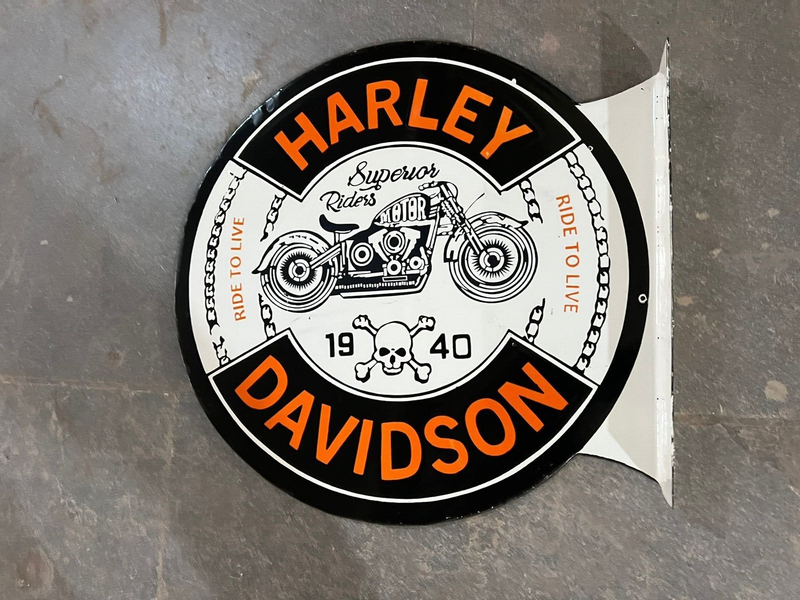 HARLEY DAVIDSON PORCELAIN ENAMEL SIGN 18X20.5 INCHES DOUBLE SIDED WITH FLANGE