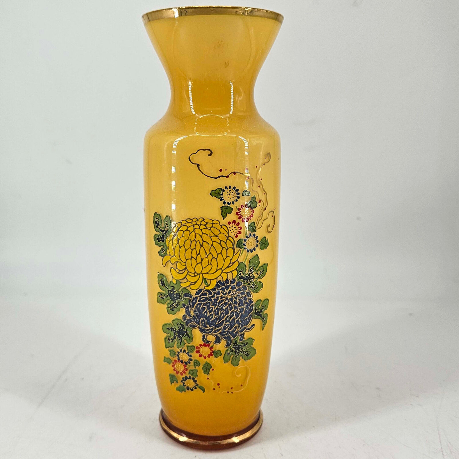 Vintage Mid Century yellow cased glass w flowers and gold trim Ardalt Italy