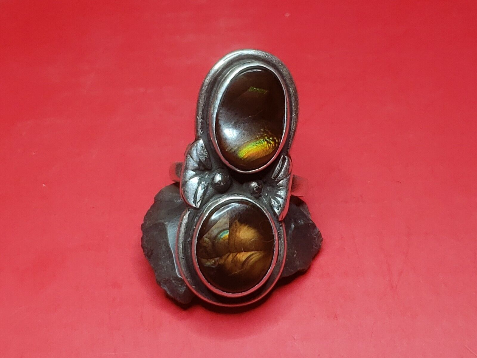 Old Pawn LOLITA NATACHU Zuni Indian Silver Fire Agate Vintage ring. LN 1960s