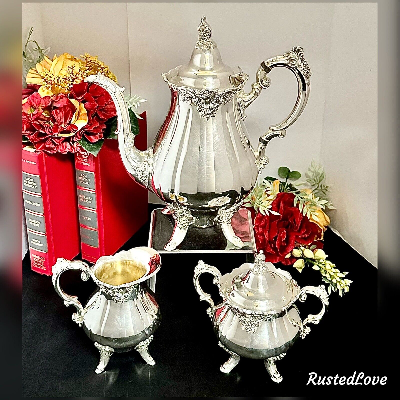 Baroque by Wallace Tea Service Set Elegant Vintage Silver Plated Service -  3 Pc