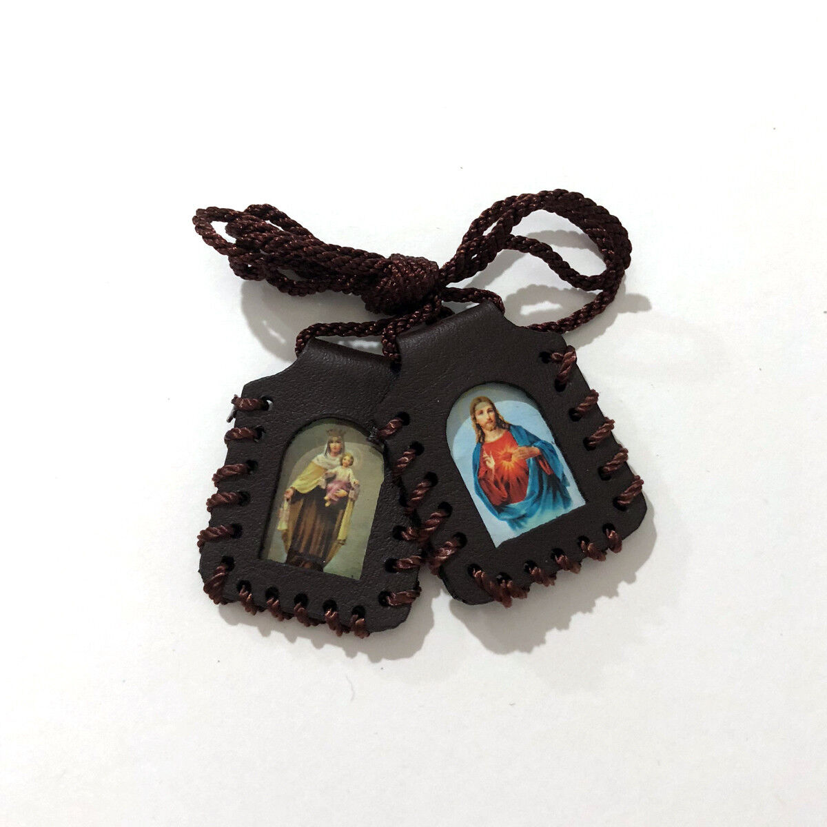 Sacred Heart of Jesus Christ and Our of Lady Mt C Leather Scapular (LSWCARD-BRN)