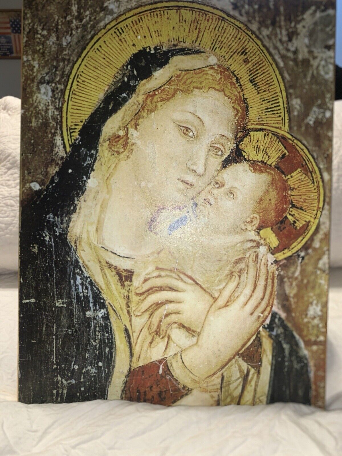 Vintage Christian Virgin Mary & Baby Jesus Christ  Icon Wood Cork Made In Italy