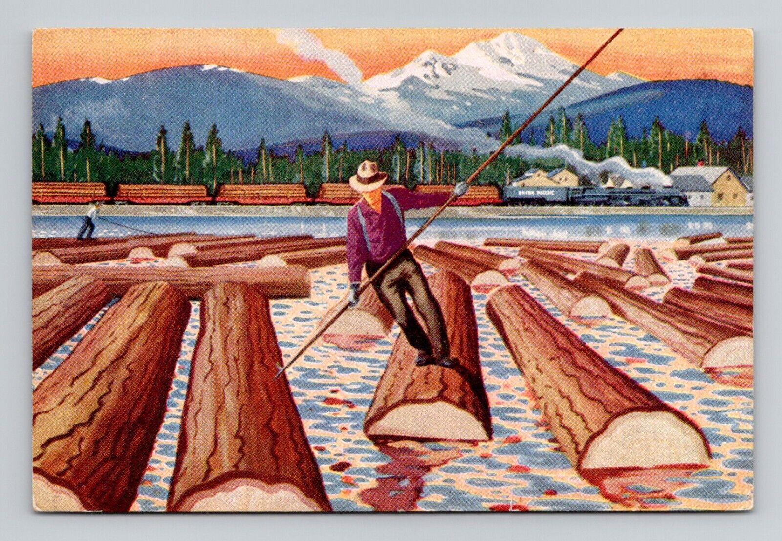 Postcard Oregon River Log Drive by Union Pacific, Vintage Chrome N15