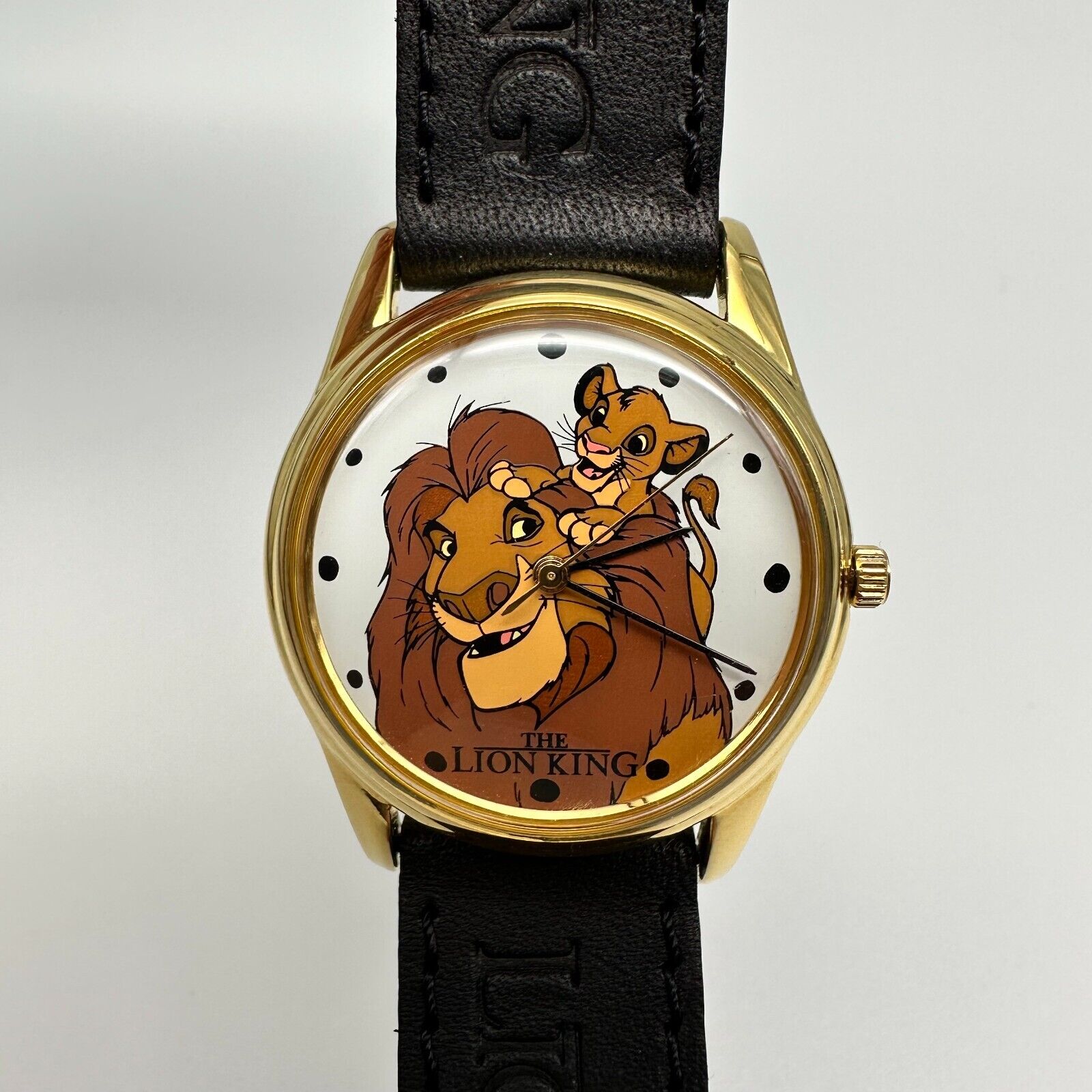 Vintage Timex Disney The Lion King Gold Tone Watch Black Leather Band - New