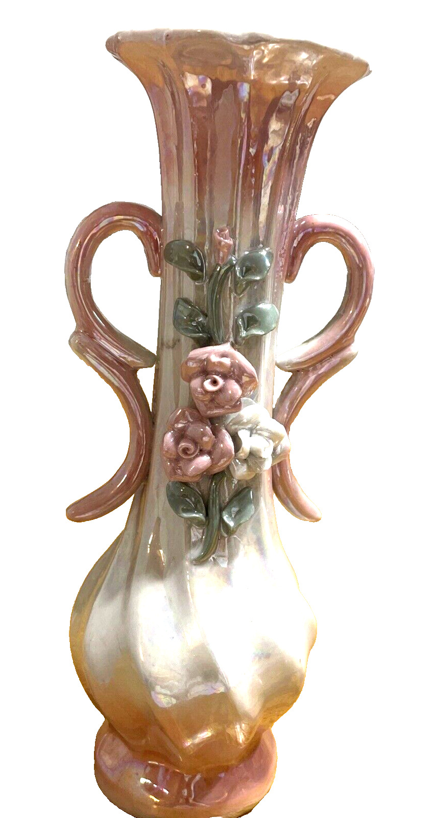 Tall Pink Swirled Porcelain Irisdescent Vase 3D Flowers Handles VTG MCM 8.75 In