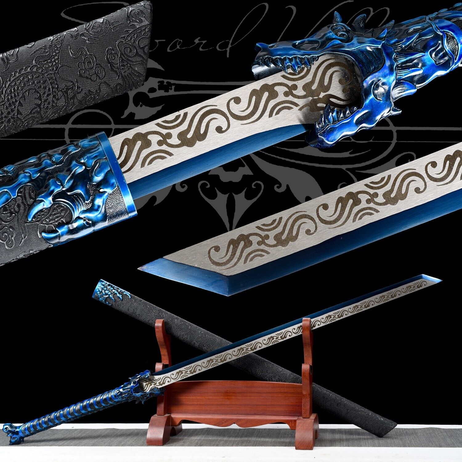 110cm Handmade Katana/High-Quality Blade/Fighting Master/Blue/Dragon sword