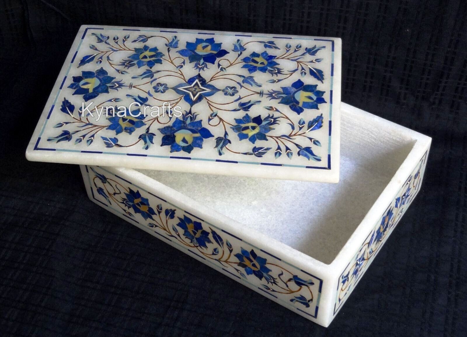 White Marble Office Accessories Box Lapis Lazuli Stone Inlay Work Jewelry Box
