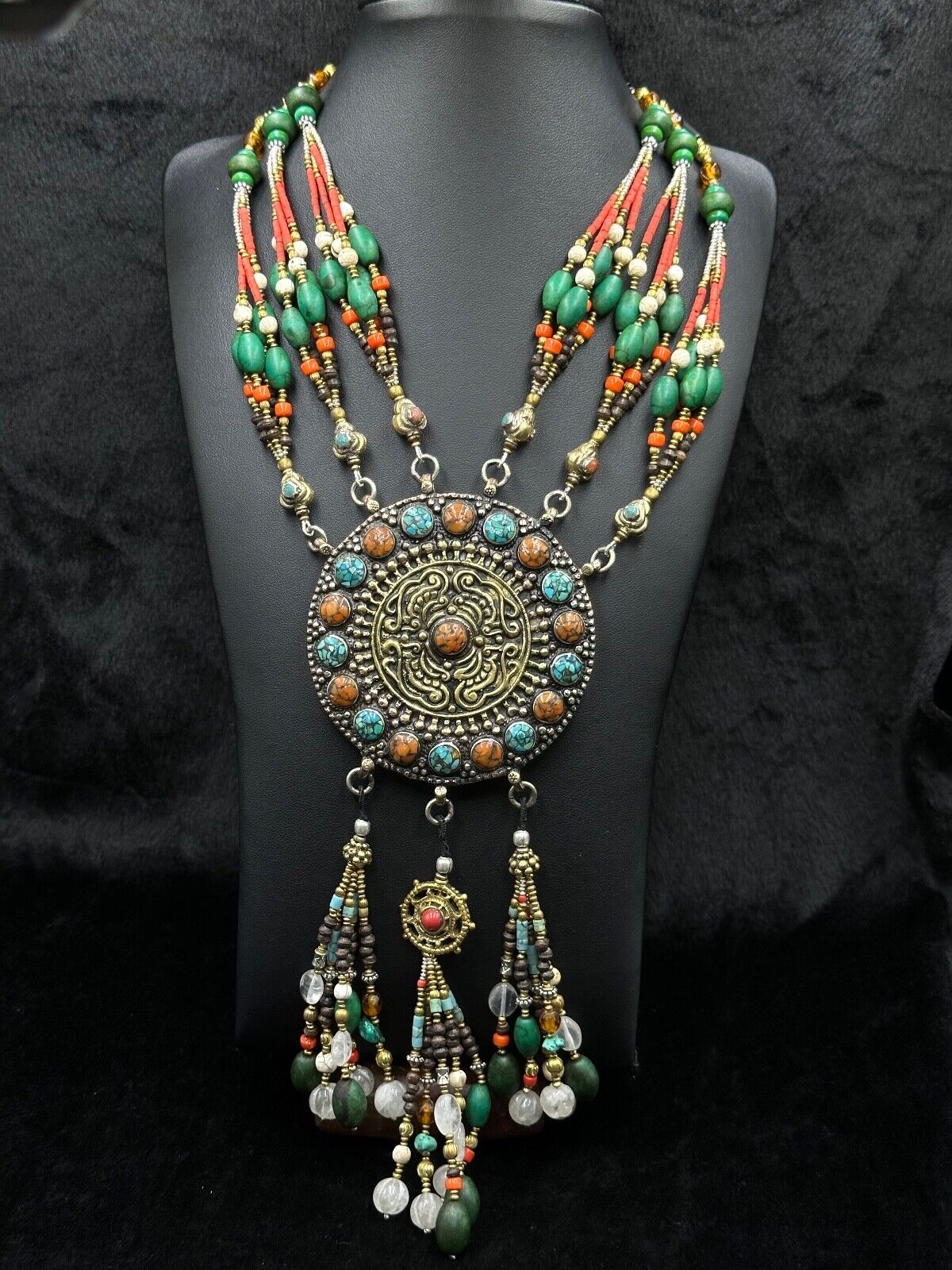 Unique Vintage Handmade Tibetan Old Necklace With Coral Turquoise Crystal Stone