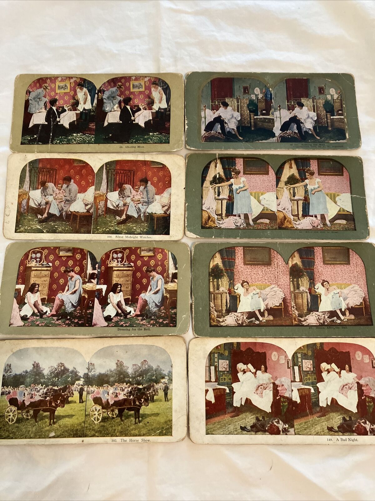 Stereopticon Viewer Cards 8 In Color 1898 - the Ball, Bad Night, Horse Show