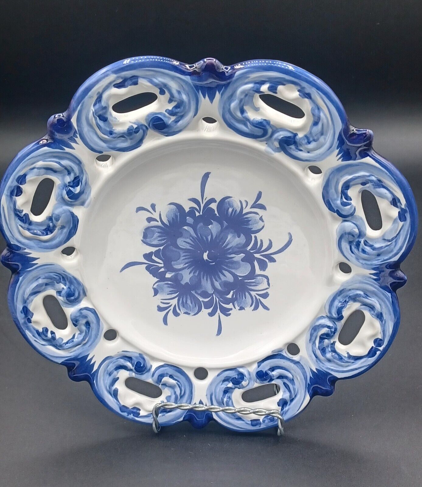 Vintage Vestal Alcobaca Blue and White Reticulated Slotted Plate Portugal #1047