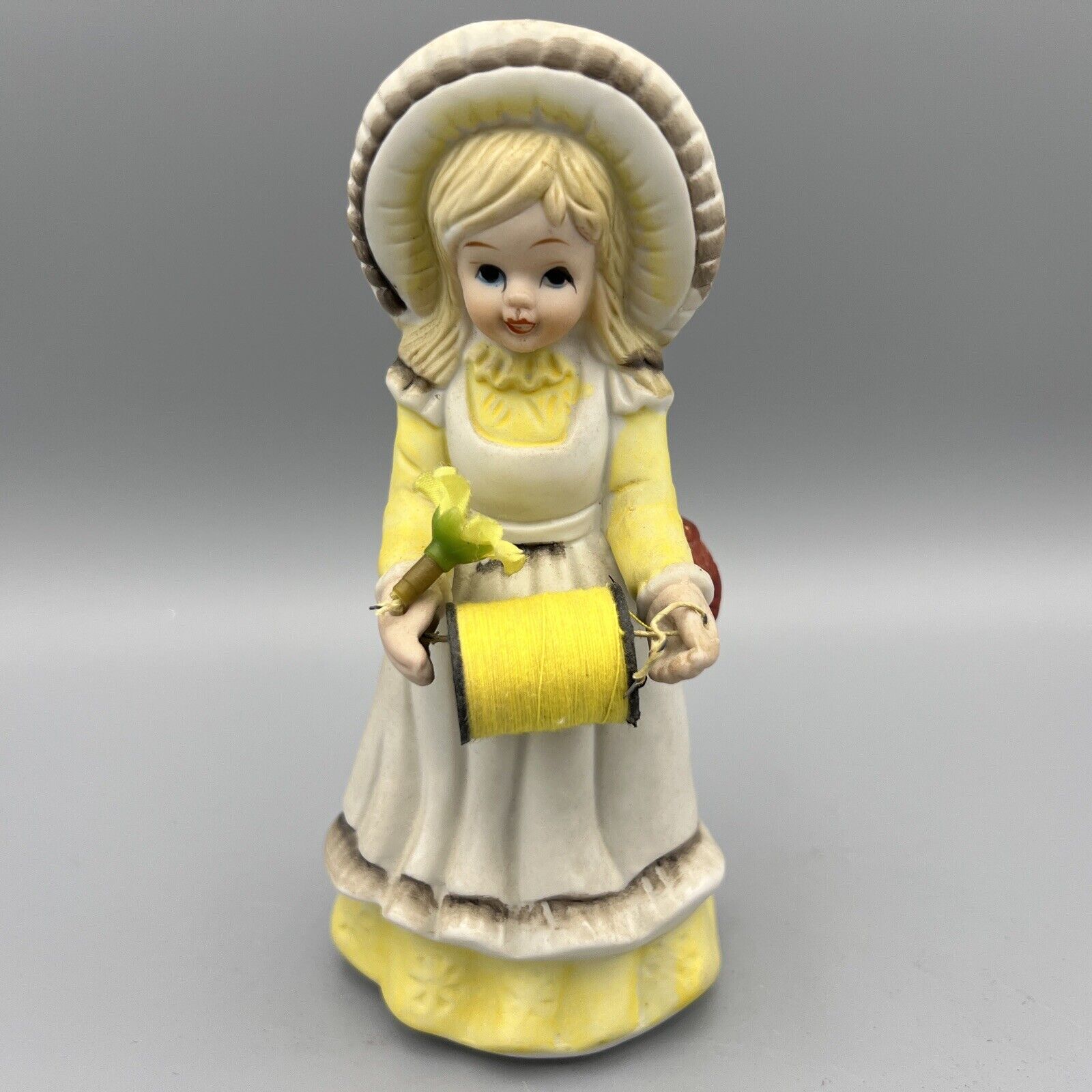 Vintage 1981 Price Figurine Girl Thread, Scissors holder, Pin cushion Yellow