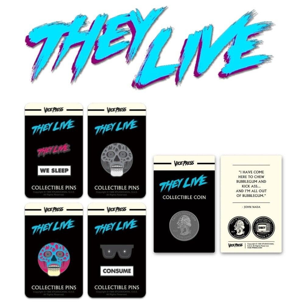 ⚡RARE⚡ 1988 John Carpenter's THEY LIVE 4 Pins & 1 Coin *BRAND NEW SEALED* 💀