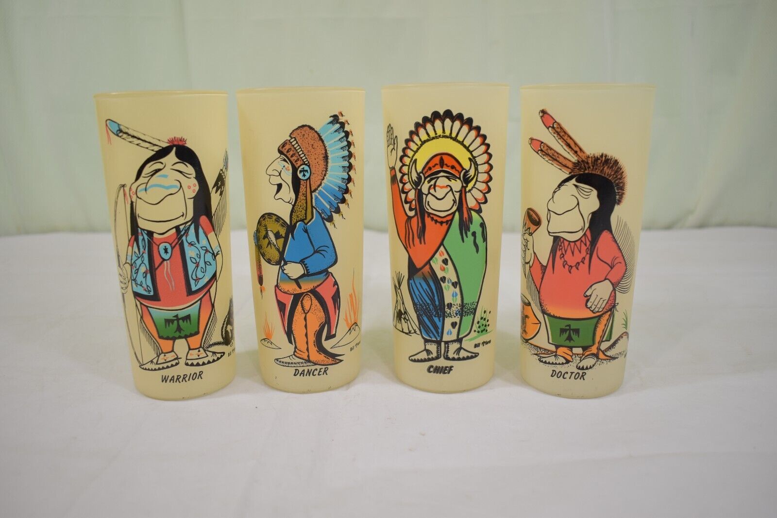 Vintage 1950's  Bill T Lores Native American Indian Frosted Glasses Texaco