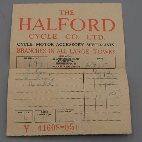 Vintage Halford Bicycle Cycle Company Birmingham England Receipt 1950\'s