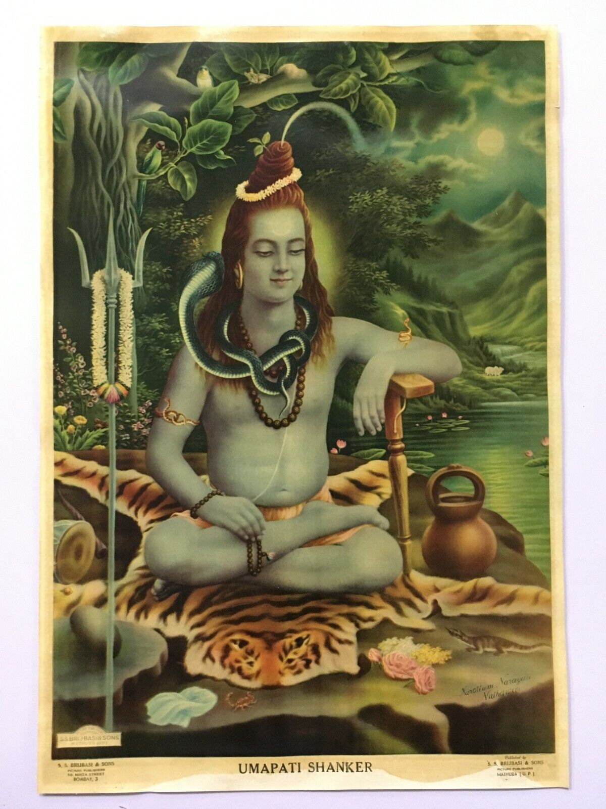 India 30\'s Print  SHIVA MEDITATION Narottam Narayan Nathdwara 13.75in x 20in