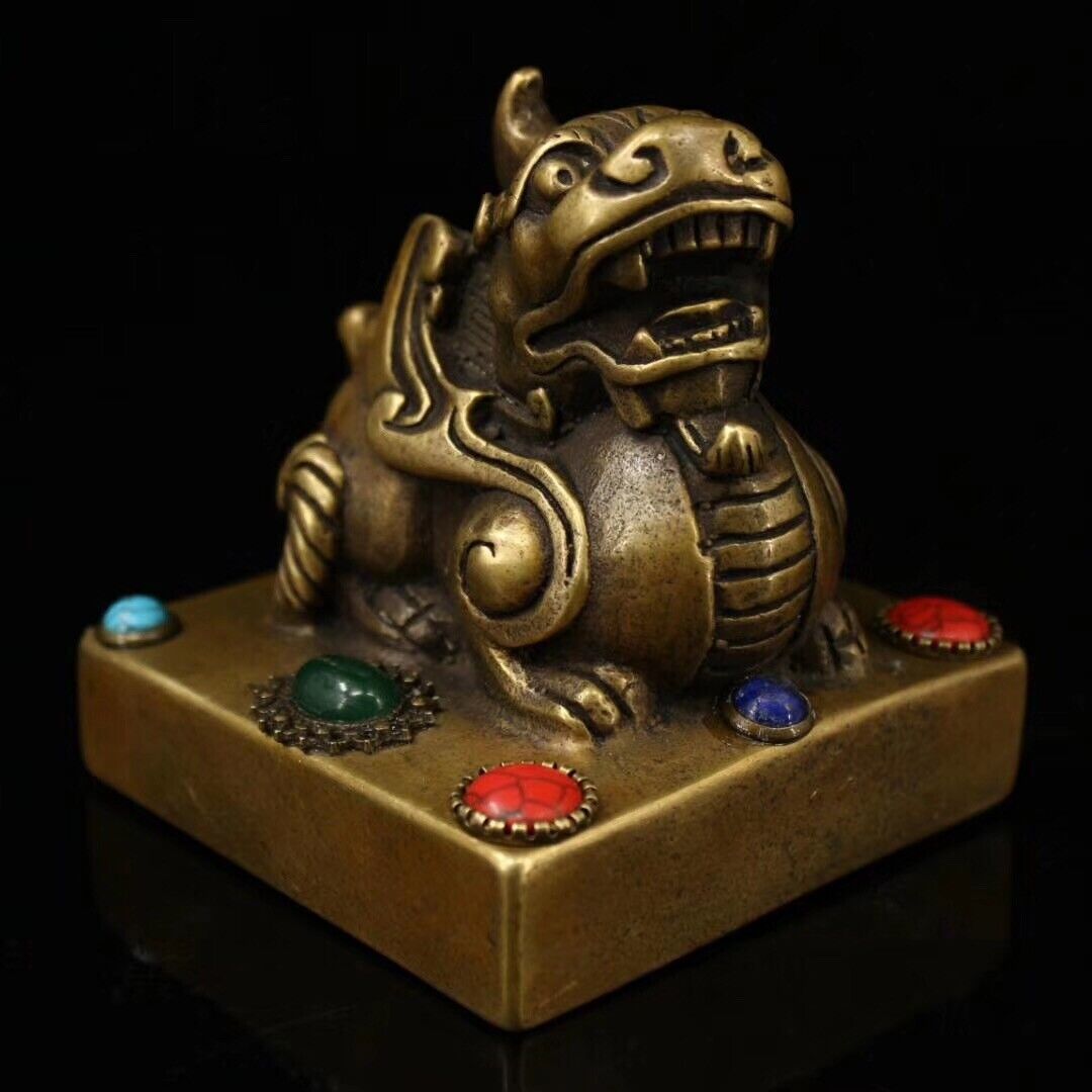 Collect Chinese Pure Bronze Inlay Gem Lion PiXiu Beast Statue Seal Stamp Signet