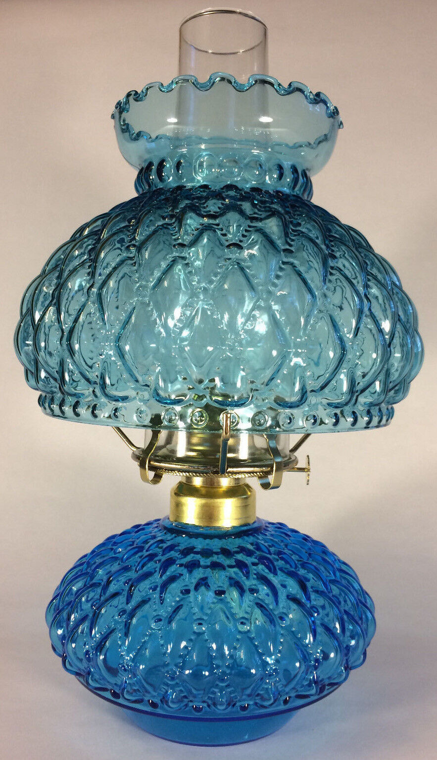 New Complete Light Blue Glass Diamond Quilted Oil Lamp With Shade,Chimney,Burner