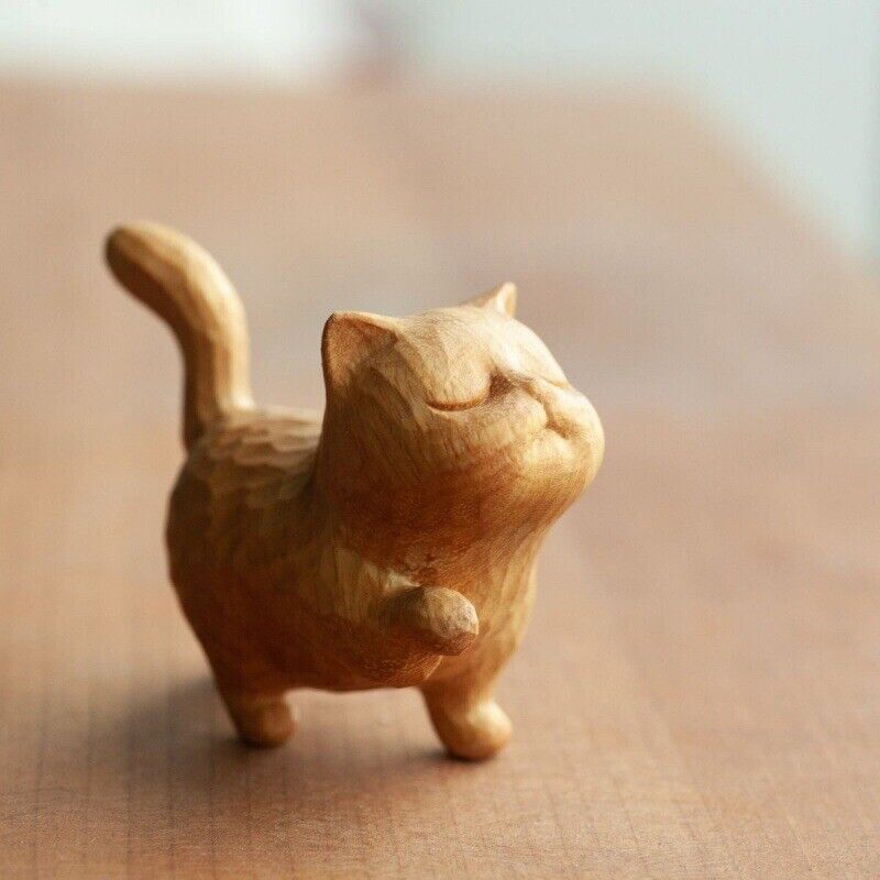 A tsundere cat -- Wooden Statue animal Carving Wood Figure Decor Children Gift W