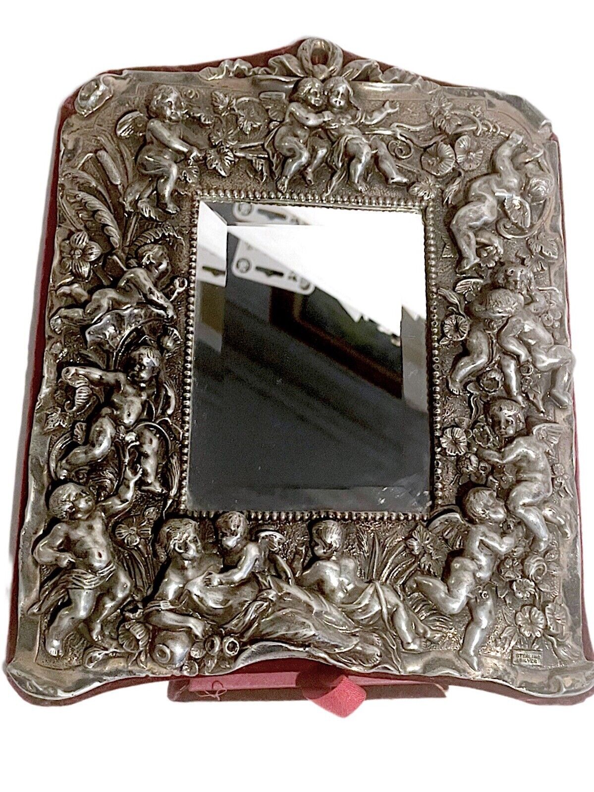 VICTORIAN REPOUSSE STERLING SILVER ORNATE CHRUB & MAIDEN MIRROR w/VELVET STAND