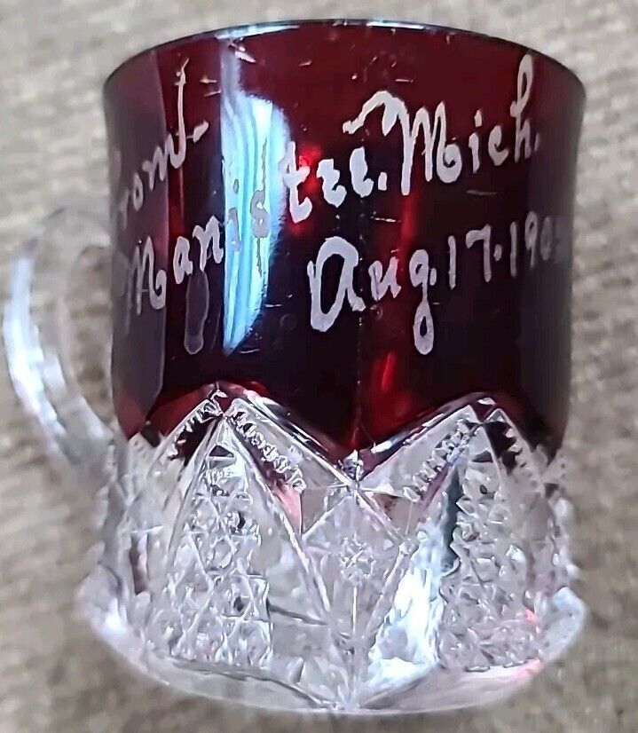 Antique July 4 1902 Elk\'s Carnival Flash Glass Ruby Red Mug Shot Mini World Fair