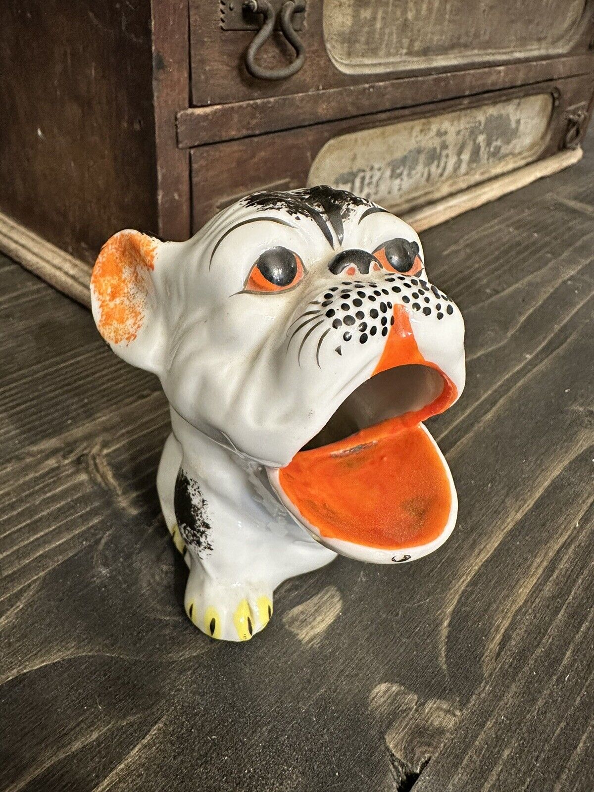 Vintage Hand-Painted Porcelain French Bulldog Cigar Ash Tray Tooth Pick Holder