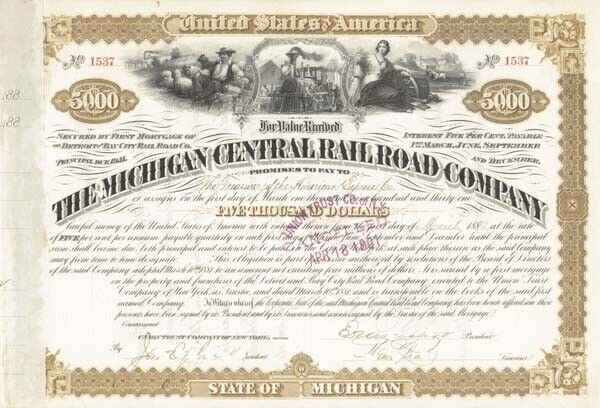 James C. Fargo - Michigan Central Railroad - Bond (Uncanceled) - Autographed Sto