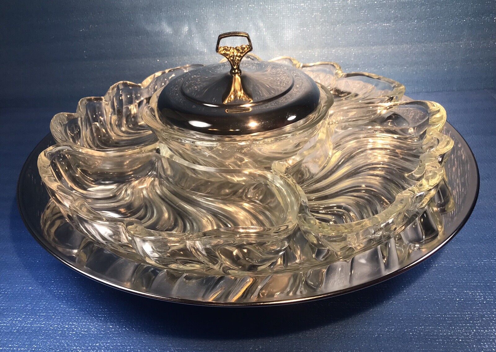 Lazy Susan Beautiful Four Dish Bowl and Lid - 19” Crystal and Chrome