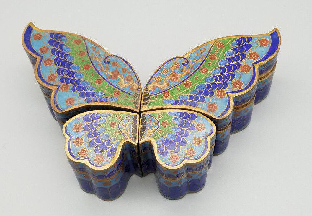 set of 4 vintage cloisonne trinket boxes, shapes of a butterfly