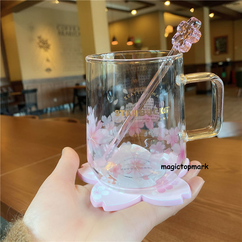 Starbucks Pink Sakura Glass Coffee Mug Cup with Stick