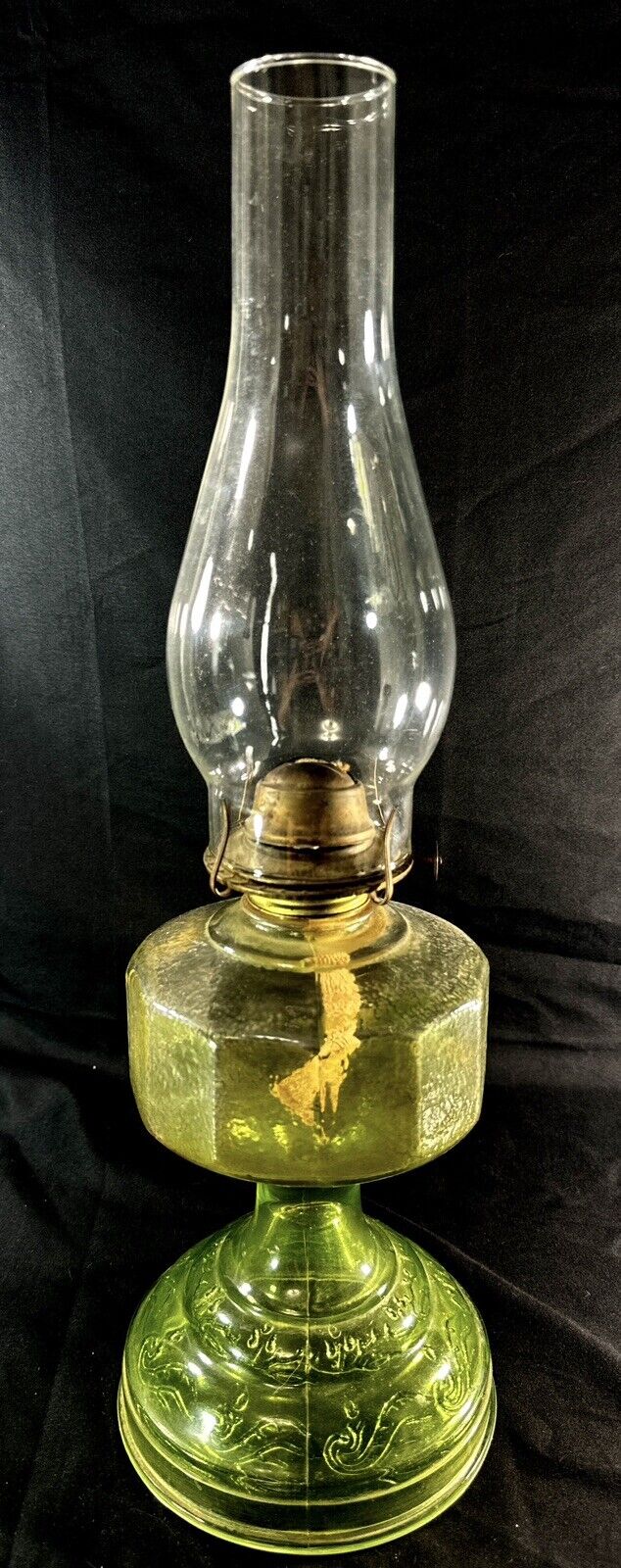 Vintage P & A Risdon Green Glass Oil Lamp Base w/Eagle Burner and Chimney