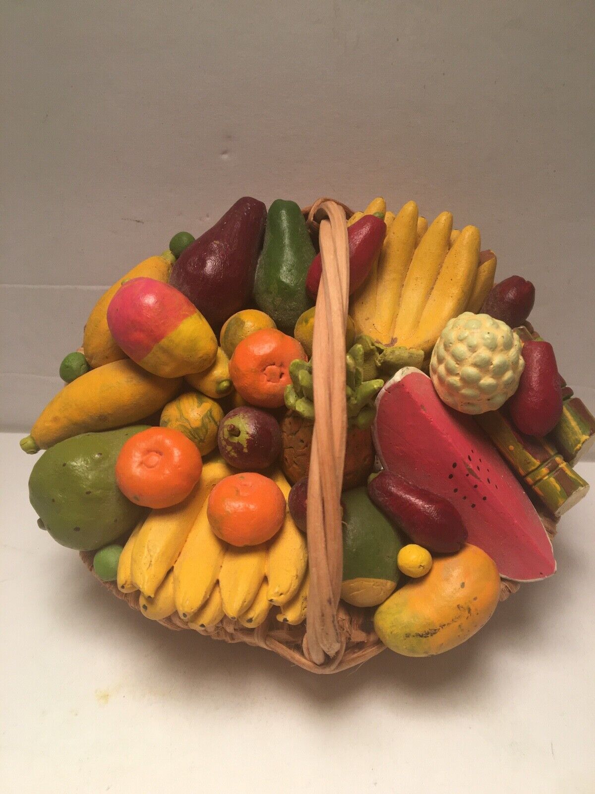 Mexican Folk Art  Miniature Fruit Wicker Basket Hand Painted 4.5\