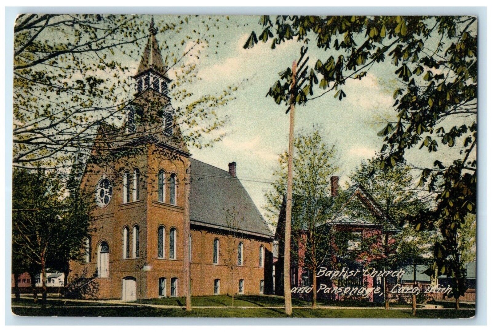 c1910 Baptist Church Parsonage Chapel Exterior Building Caro Michigan Postcard
