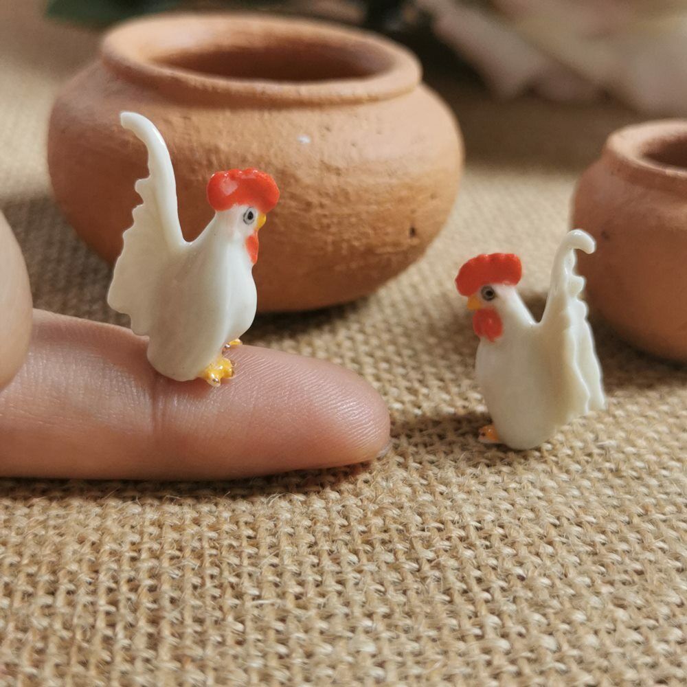 Set Of 2 Miniature Tiny White Chicken Terrarium Ceramic Figurines Garden Decor