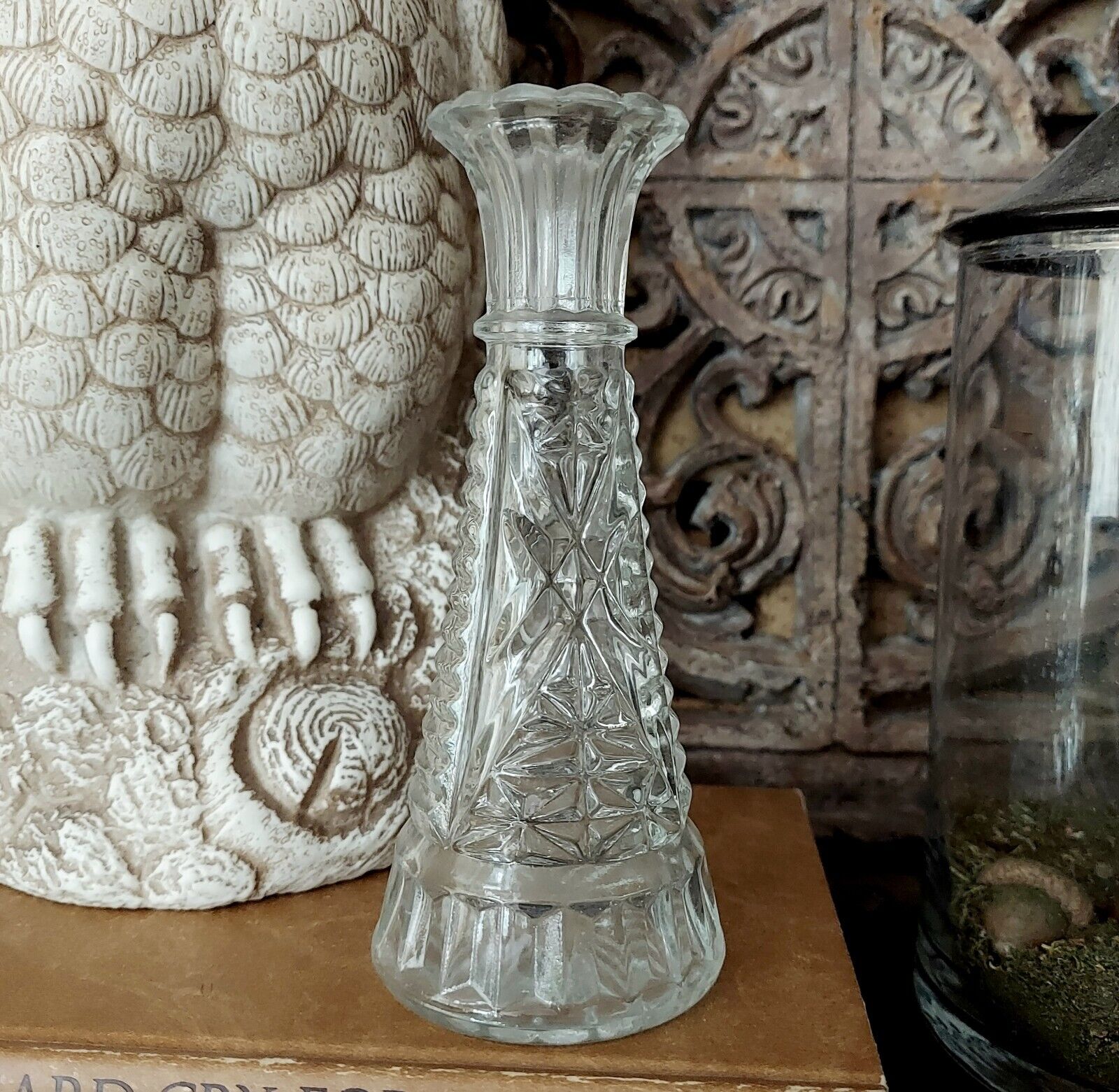 Vintage 1950\'s Anchor Hocking Stars & Bars Bud Vase Pressed Clear Glass 6\