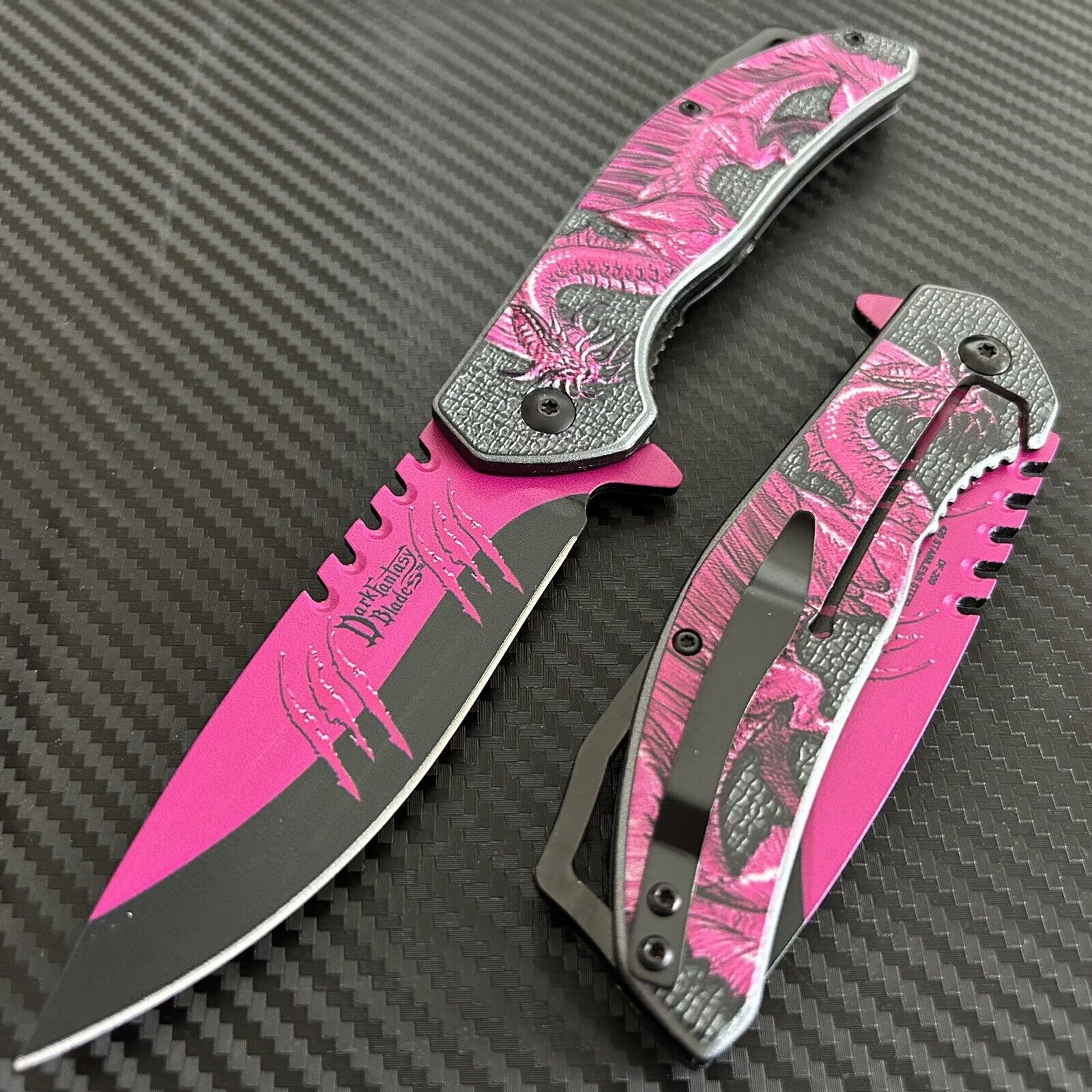 8.75” Tactical Pink Dragon Engraved Spirng Assisted Open Pocket Knife Hunting
